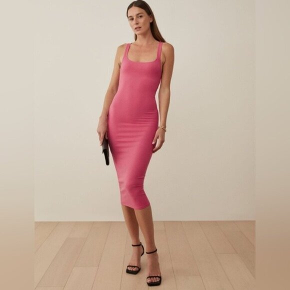 Reformation Sully Knit Ribbed Midi Dress in Snapdragon Pink size M Sexy Long - Picture 1 of 15
